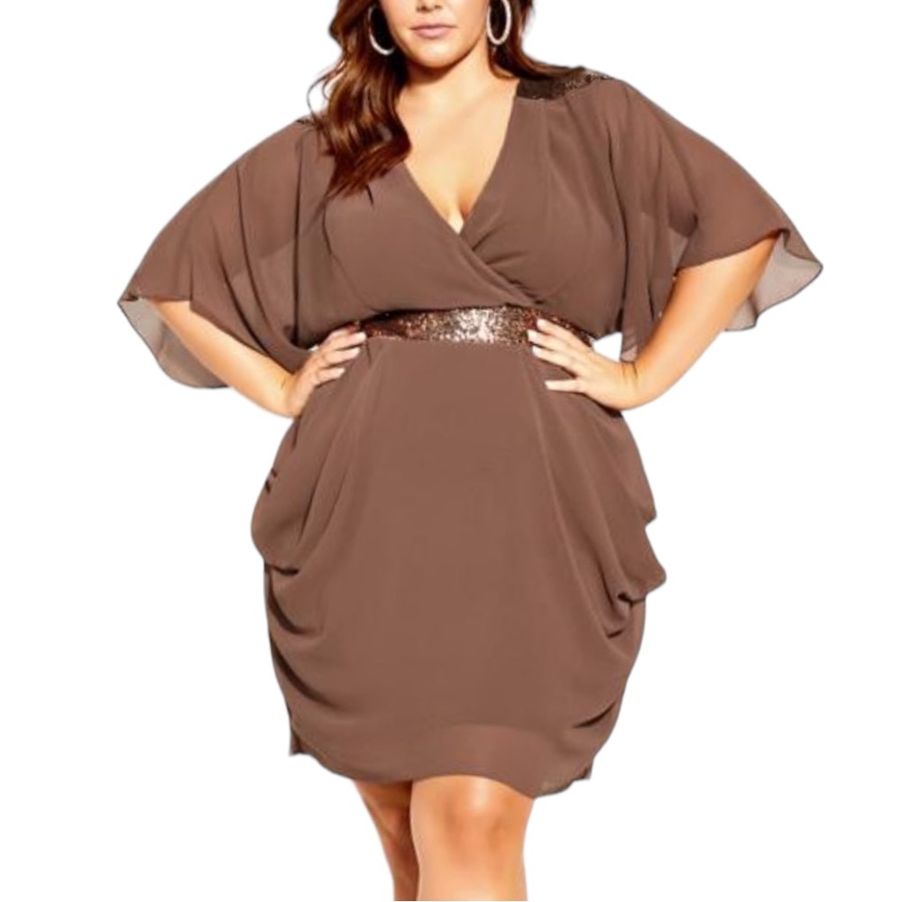 City Chic Brown Surplice Mini Dress with Sequin Waist